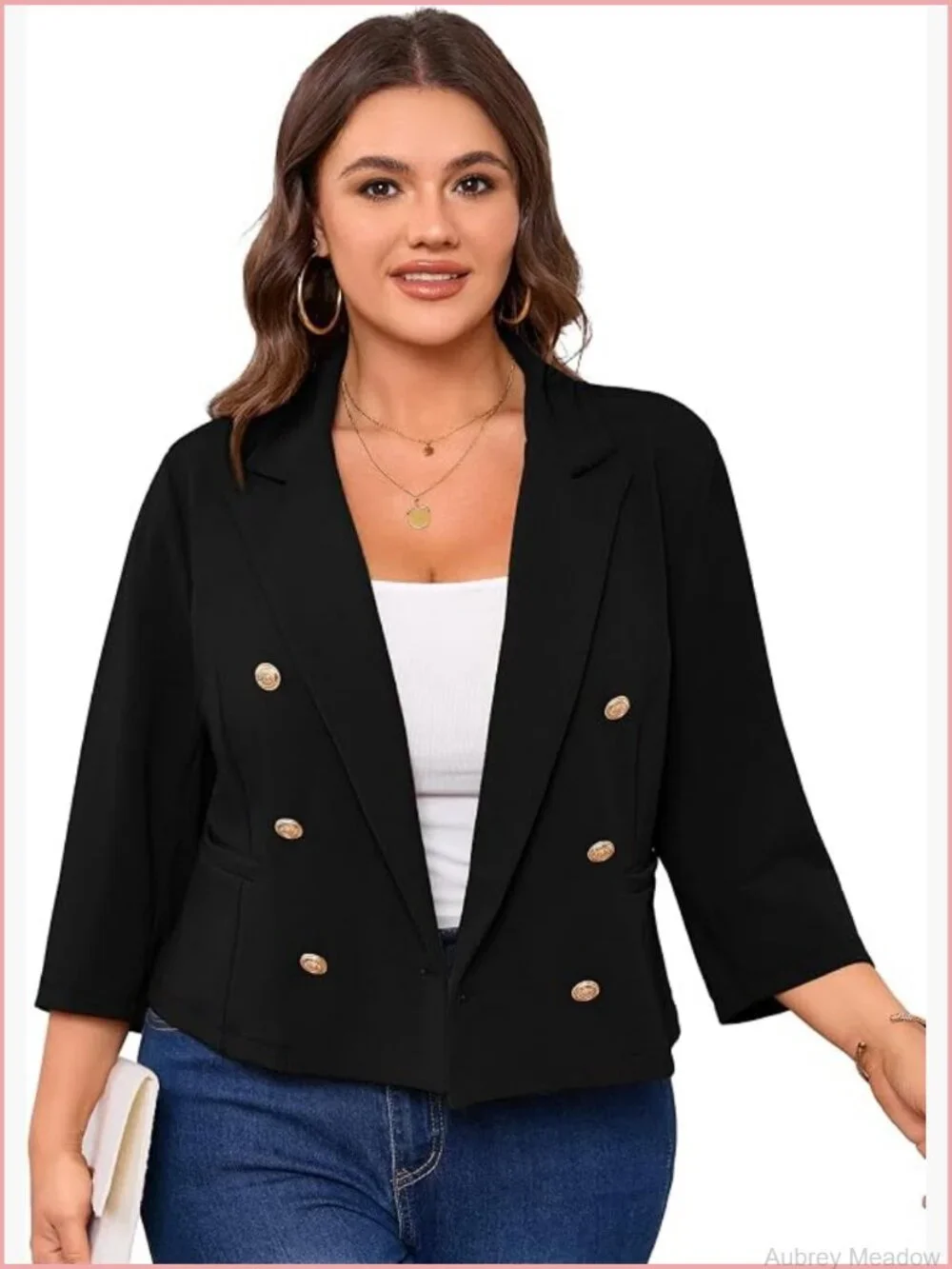 Plus Size Double Breasted Blazer 3/4 Sleeve Open Front Work Office Suit Jacket